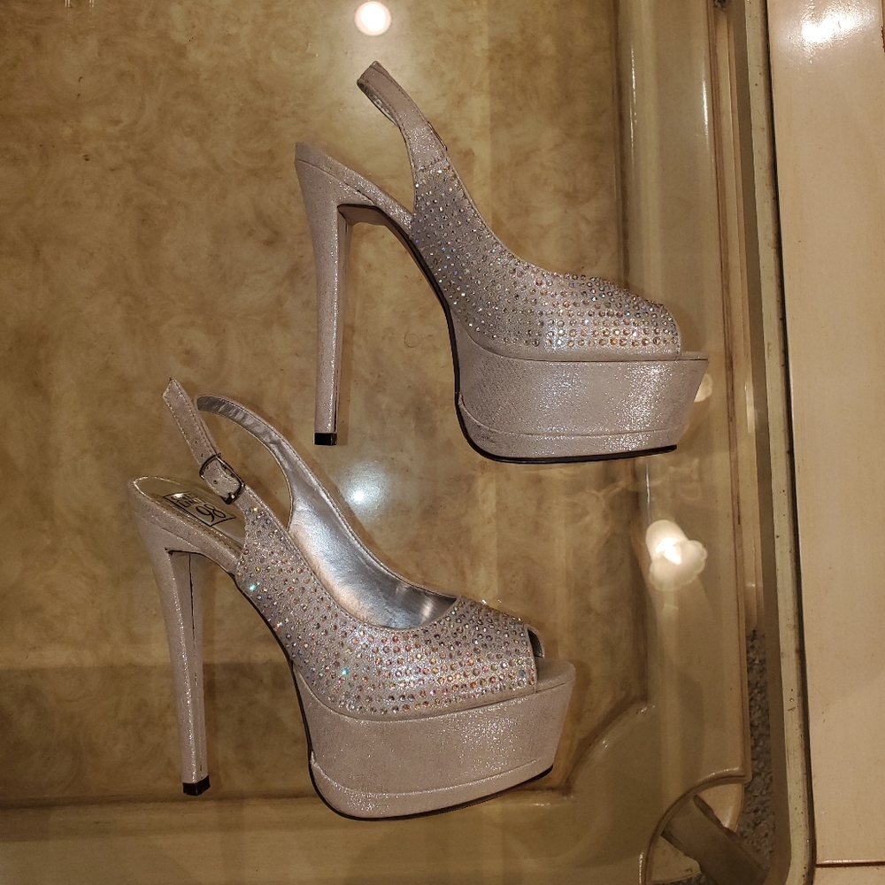 Silver peep toe rhinestone pumps